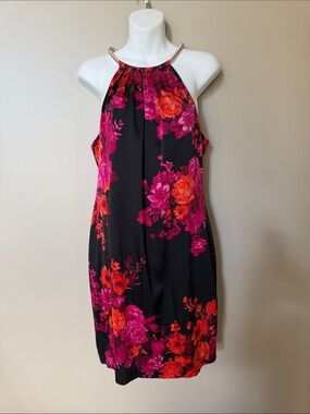 Cache Black Halter Mini Dress with Pink and Orange Floral Print
